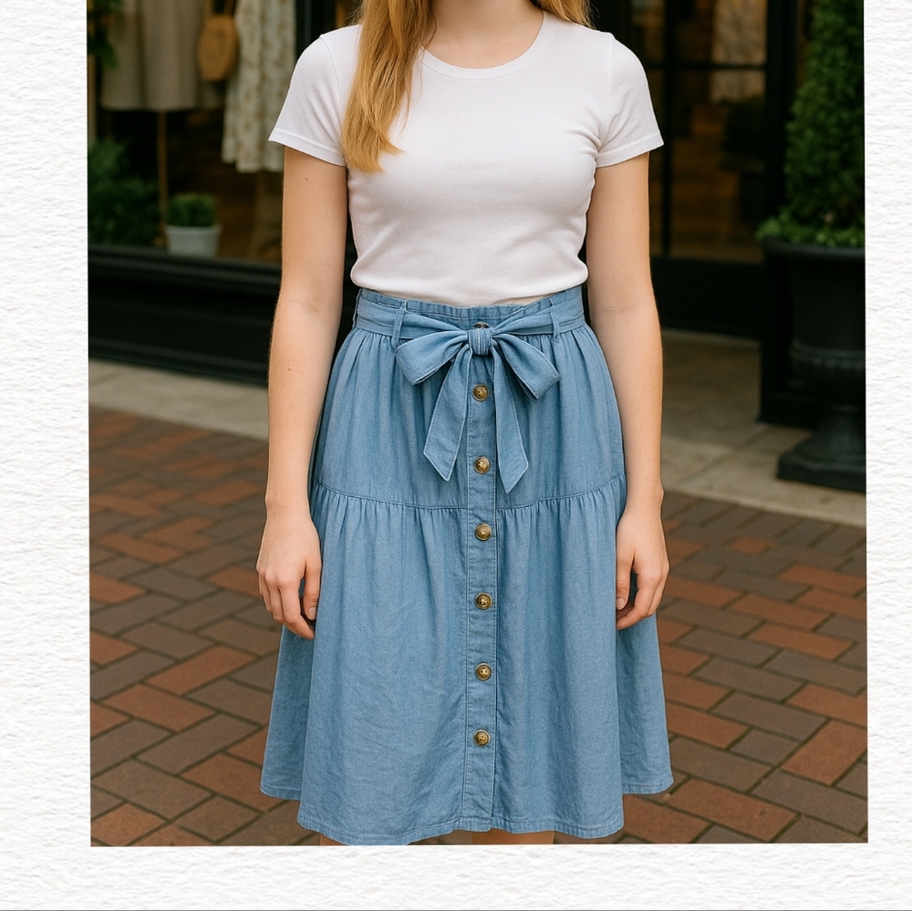 Denim A Line Skirt with Tie Waist